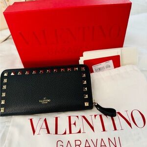 Valentino Garavani Rockstud Black Wallet with Gold Studs